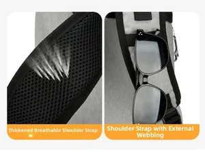 Détail des bretelles rembourrées en mesh respirant et sangle pour lunettes sur sac à dos gris
