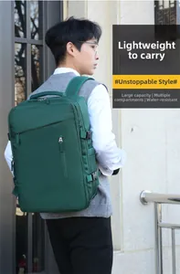 Waterproof dark green travel backpack with multi-layer large capacity and side buckle detail