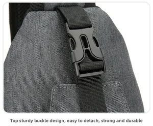 Detail of durable top buckle and nylon webbing on minimalist grey crossbody bag