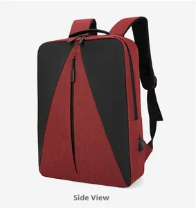 Vue latérale du sac à dos d'affaires rouge avec port de charge USB et poche zippée