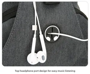 Detail shot of a dark grey sling bag showing the functional headphone port and fabric texture
