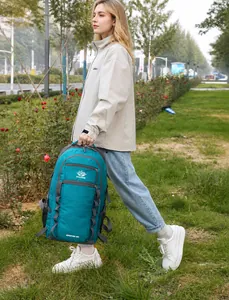 Detail of teal 66L hiking backpack with side compression straps and Vanaheimr logo