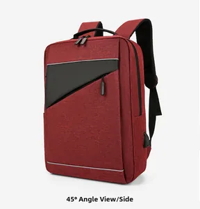 Detail view of burgundy laptop backpack showing USB charging port and breathable mesh strap