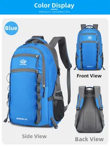 Blue 55L outdoor hiking backpack shown in front, back, and side views with mesh pockets