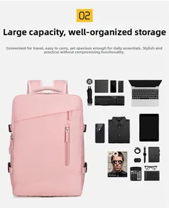 Pink travel backpack showing storage capacity with laptop and daily essentials