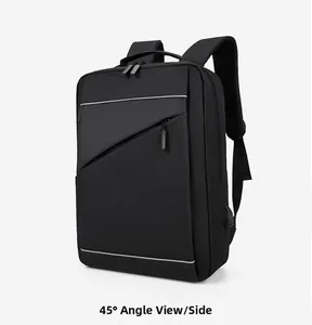 Side view of black business laptop backpack showing diagonal zip pocket and USB charging port