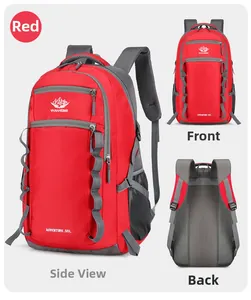 55L red outdoor hiking backpack featuring front and back breathable mesh views