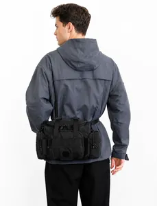 Rear view of black tactical outdoor bag with MOLLE webbing and adjustable strap