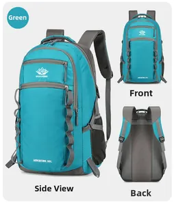 Detail view of 55L outdoor trekking backpack showing front side and breathable back system