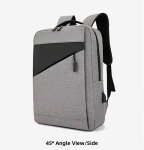 Side view 45-degree angle of grey business laptop backpack with external USB port