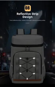 Détail des bandes réfléchissantes de sécurité sur un sac à dos thermique gris pour extérieur