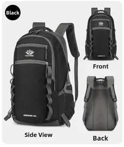 Three-angle views of black 55L hiking backpack with ergonomic breathable mesh back