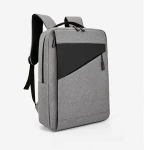 Side view of gray water-resistant business backpack with diagonal zipper and bottle pocket
