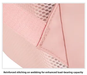 Detail des rosa Gurtbands mit Riegelstich zur verstärkten Tragfähigkeit am Rucksack
