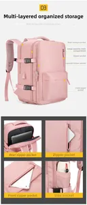 Détails du sac à dos de voyage rose montrant les compartiments et le port de charge USB