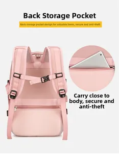 Détail du sac à dos de voyage rose avec dos en maille respirante et poche zippée antivol