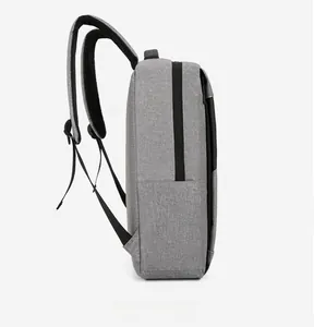 Side view of grey business laptop backpack with ergonomic S-shaped shoulder straps