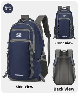 Three-angle view of a 55L dark blue outdoor hiking backpack with durable nylon fabric