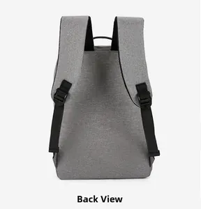 Detailed back view of grey laptop backpack showing wide padded straps and top handle