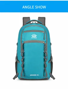 Detailed front view of the Vanaheimr 55L outdoor adventure backpack in teal and gray