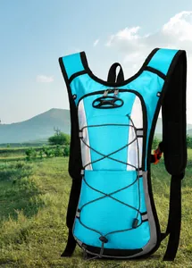 Detail of light blue outdoor cycling backpack with elastic cords and mesh straps