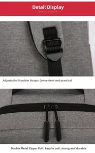 Detail of adjustable straps with plastic buckles and dual metal zippers on gray canvas bag