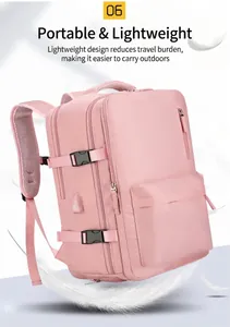 Detailansicht des rosa Reiserucksacks mit USB-Ladeanschluss und seitlichen Schnallen