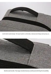 Detail of reinforced stitching and comfortable handle on the grey business backpack
