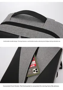 Détail de la poignée rembourrée et poche avant pour téléphone sur sac à dos gris