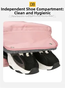 Détail d'un sac à dos rose montrant un compartiment à chaussures séparé en bas