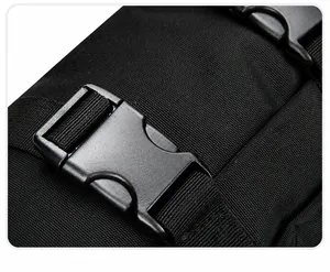 Close-up of durable black nylon weave and heavy-duty plastic buckle on a fishing bag