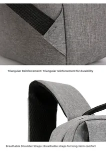 Detail of reinforced triangle stitching and breathable padded shoulder straps on gray backpack
