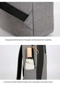 Détails des coutures renforcées et de la poche latérale pour parapluie du sac à dos gris