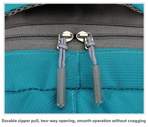 Detail of dual-way metal zippers on teal tactical outdoor backpack with woven pullers