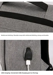 Detail of reinforced shoulder strap stitching and built-in USB port on grey travel backpack
