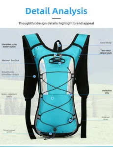 Detail of blue outdoor hydration pack showing helmet attachment and breathable back system