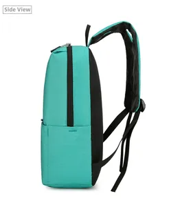 Side view of lightweight teal and black travel backpack with padded straps and side pocket