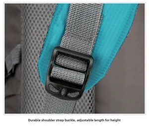Detail of adjustable shoulder strap buckle and breathable mesh padding on backpack
