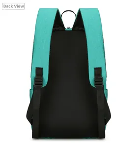 Back view of mint green laptop backpack featuring padded S-shaped straps and breathable mesh