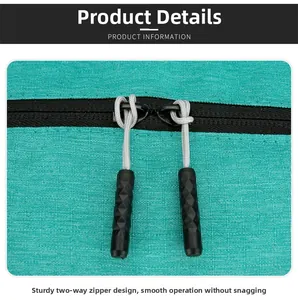 Detail of teal laptop bag featuring smooth dual black zippers with non-slip woven pull cords