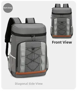 Détails du sac à dos isotherme gris foncé montrant les caractéristiques avant et latérales