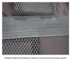 Detail of reinforced bar-tack stitching on breathable mesh shoulder straps of a backpack