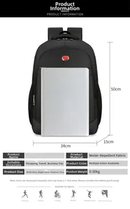 Detailed specs of waterproof business backpack showing dimensions 34x50x15cm and 0.50kg weight