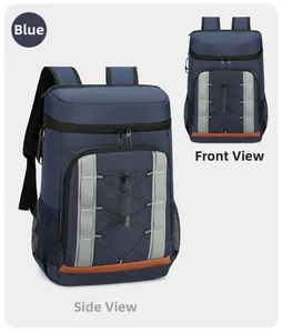Vues détaillées du sac à dos de pique-nique isotherme bleu avec poches latérales en maille