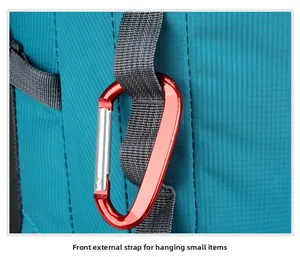 Detail of teal ripstop fabric with grey nylon webbing and red aluminum carabiner hook