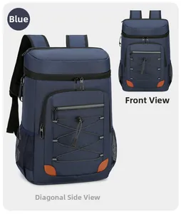 Détail du sac à dos isotherme bleu montrant la poche en filet et les cordons élastiques