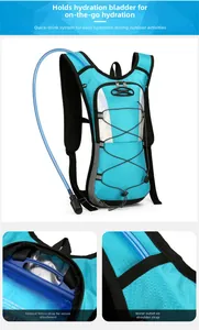 Detail of outdoor hydration backpack featuring nylon fabric, water tube and mesh straps