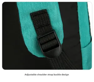 Detail of adjustable shoulder strap buckle with reinforced nylon webbing on backpack