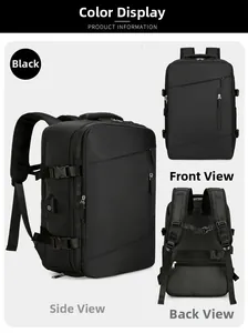 Three-view layout of black travel backpack showing front, side, and ergonomic back design