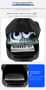 Detail of 15.6 inch laptop backpack showing large storage capacity and interior dividers